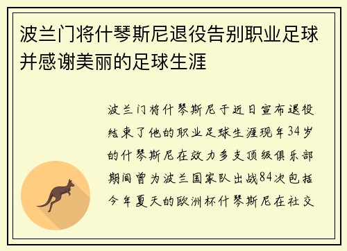 波兰门将什琴斯尼退役告别职业足球并感谢美丽的足球生涯